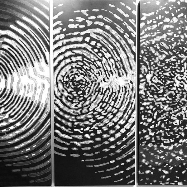 A tryptichon of harmonic waves caused by drops on water.